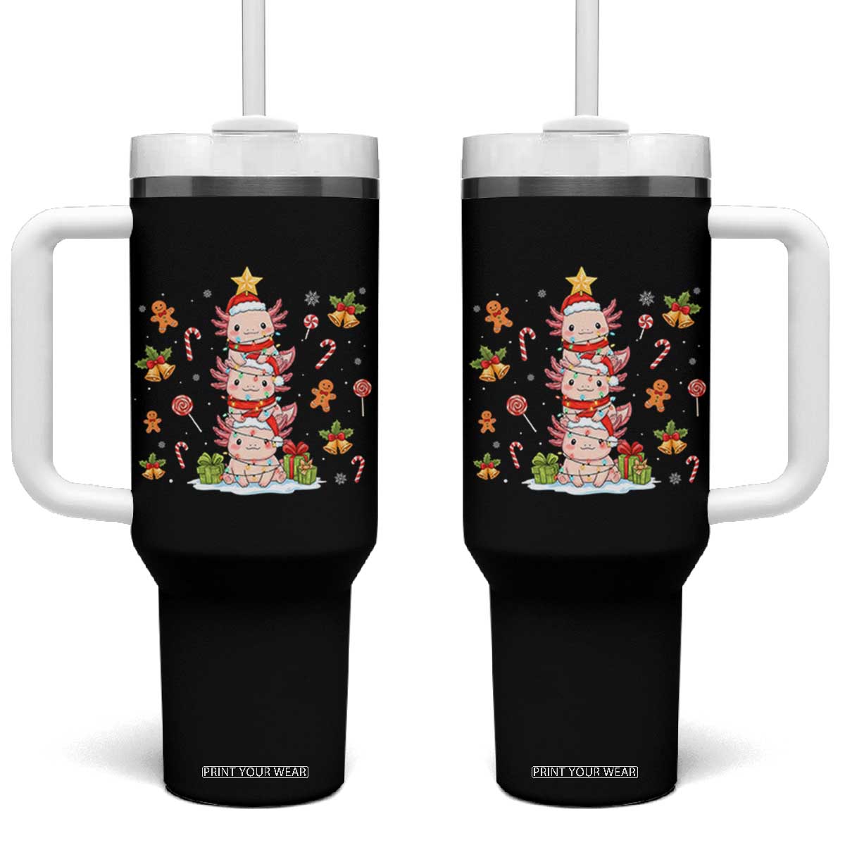 Funny Christmas Kawaii Axolotl Xmas Tree Tumbler With Handle TS11 One Size: 40 oz Black Print Your Wear