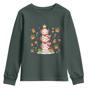 Funny Christmas Kawaii Axolotl Xmas Tree Youth Sweatshirt TS11 Dark Forest Green Print Your Wear