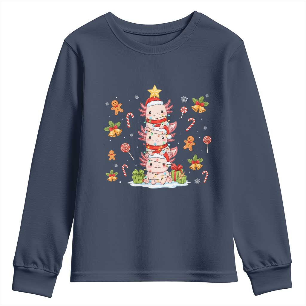 Funny Christmas Kawaii Axolotl Xmas Tree Youth Sweatshirt TS11 Navy Print Your Wear