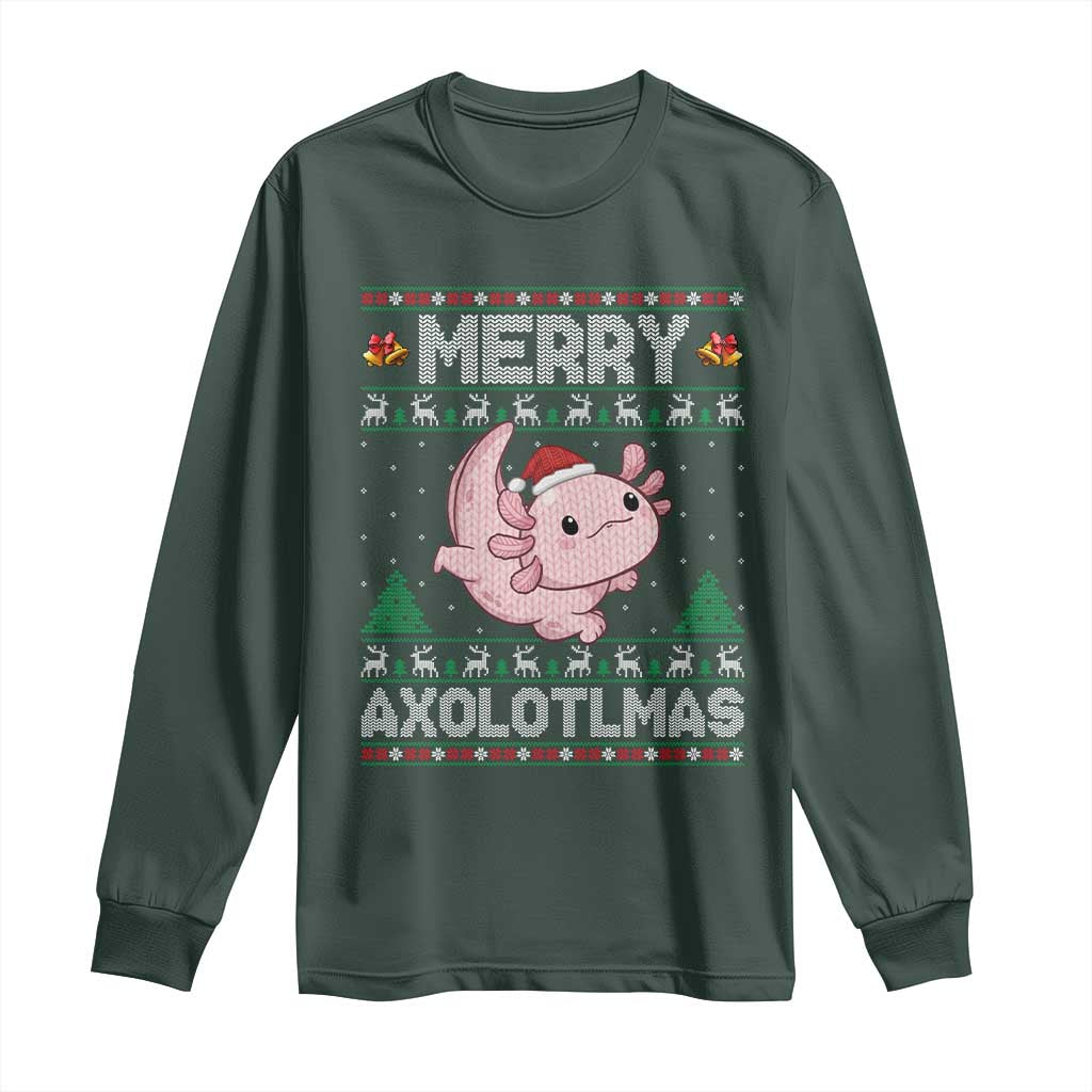 Funny Christmas Axolotl Long Sleeve Shirt Merry Axolotlmas Xmas Salamander TS11 Dark Forest Green Print Your Wear