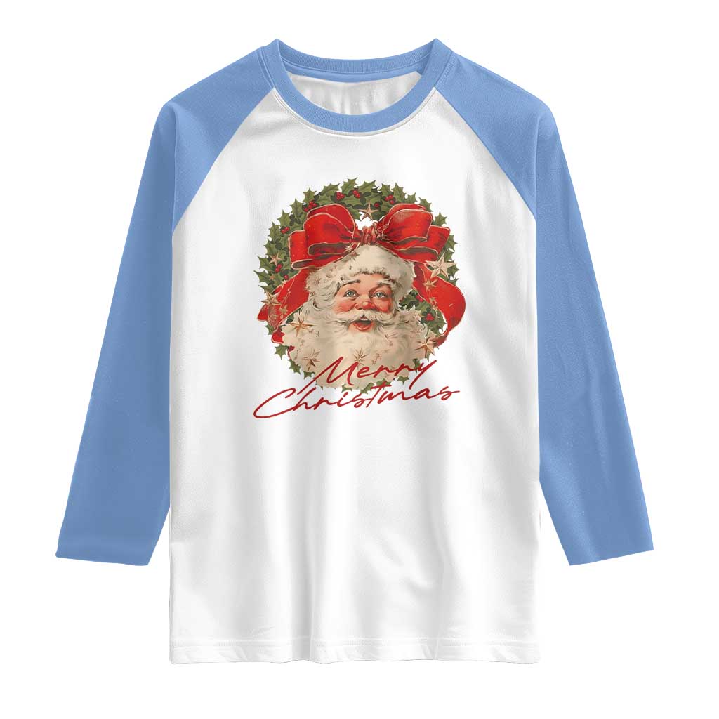 Merry Christmas Vintage Retro Santa Claus Coquette Raglan Shirt TS11 White Carolina Blue Print Your Wear