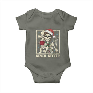 Funny Christmas Never Better Baby Onesie Messy Bun Skeleton Drinking Coffee TS11 Military Green Print Your Wear