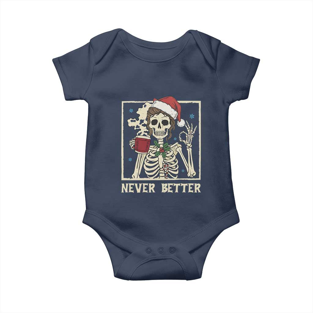 Funny Christmas Never Better Baby Onesie Messy Bun Skeleton Drinking Coffee TS11 Navy Print Your Wear