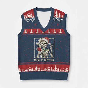 Funny Christmas Never Better V-Neck Knit Sweater Vest Messy Bun Skeleton Drinking Coffee TS11 Navy Red Print Your Wear