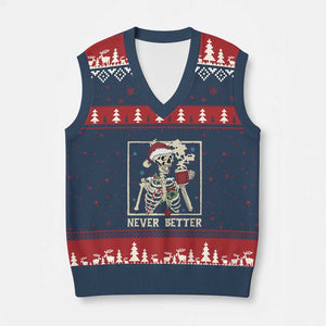 Funny Christmas Never Better V-Neck Knit Sweater Vest Skeleton Drinking Coffee TS11 Navy Red Print Your Wear