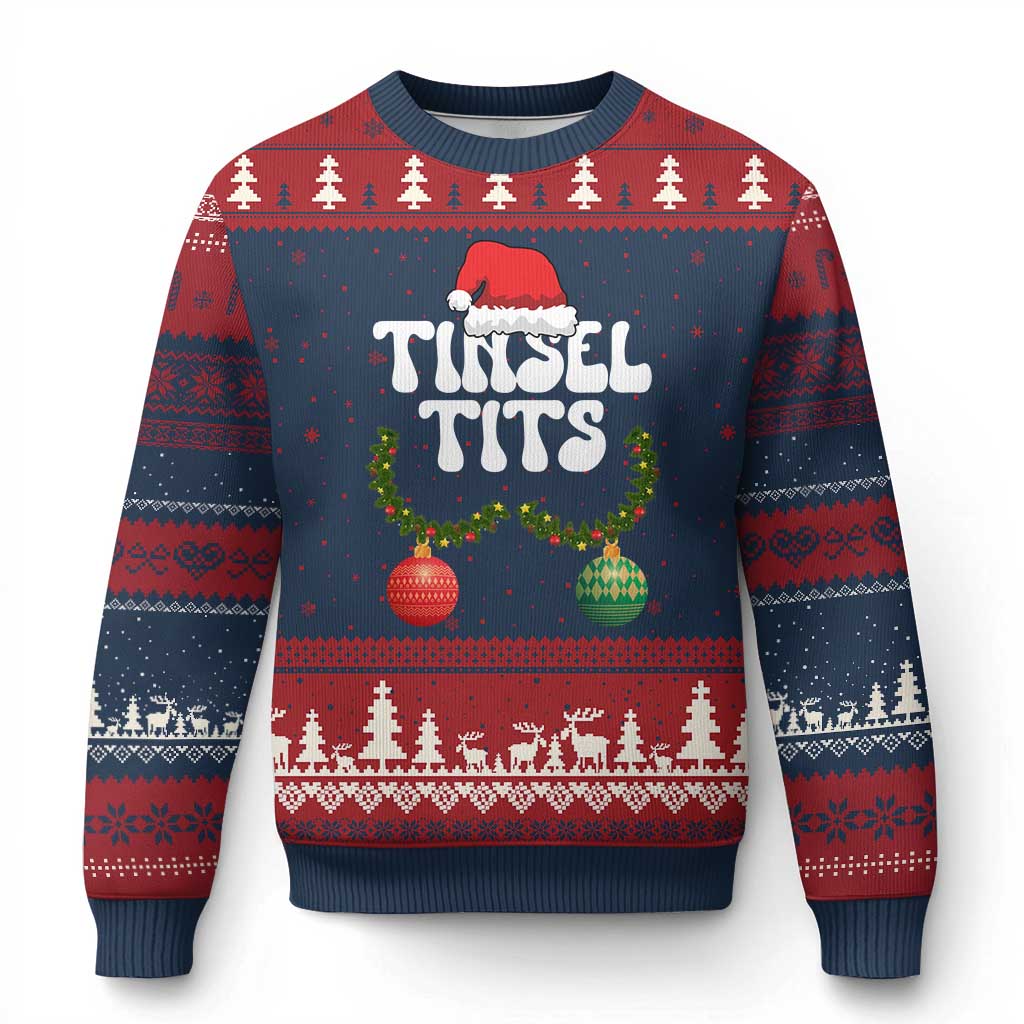 Xmas Tinsel Tits Ugly Christmas Sweater Funny Xmas Couple Matching TS11 Navy Red Print Your Wear