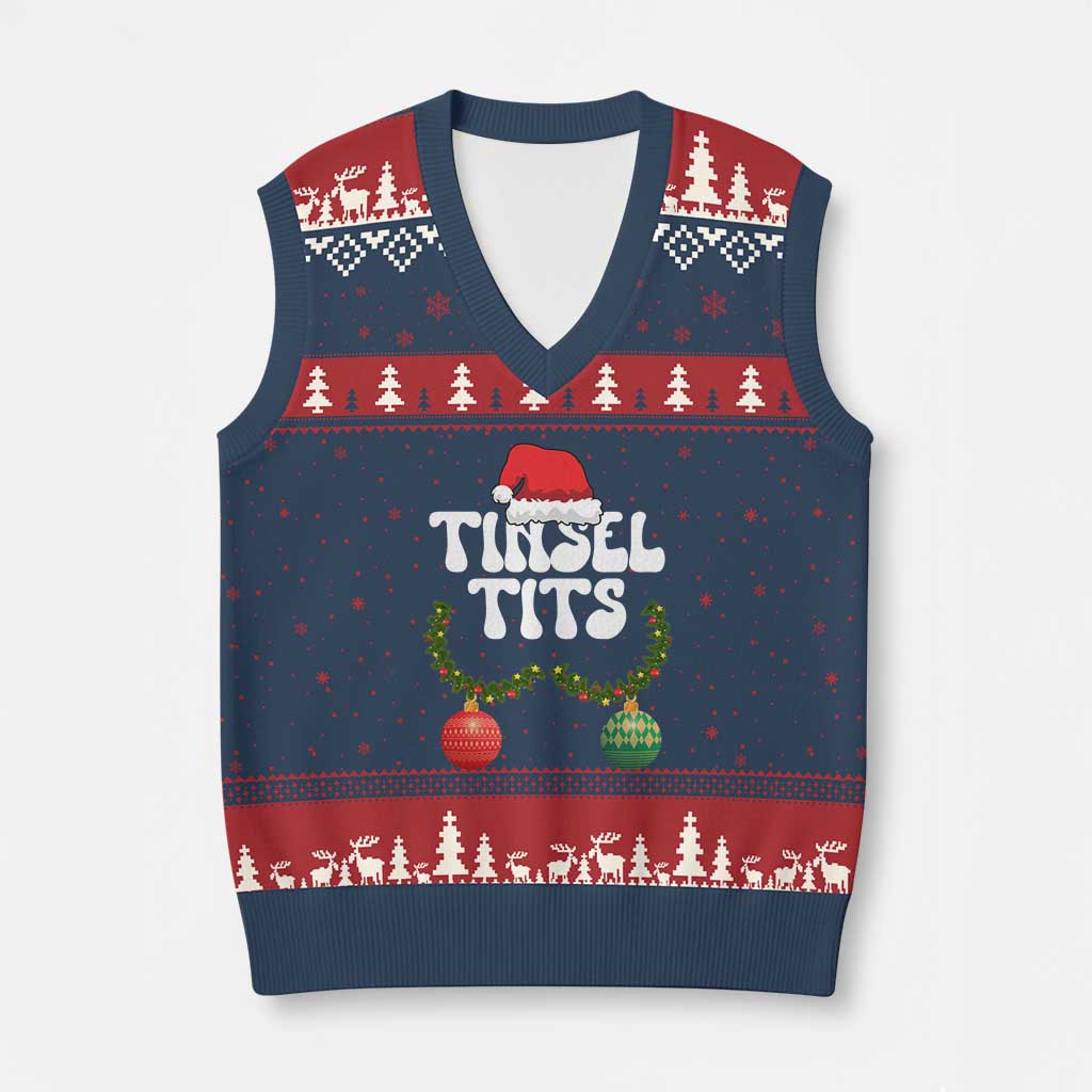 Xmas Tinsel Tits V-Neck Knit Sweater Vest Funny Xmas Couple Matching TS11 Navy Red Print Your Wear