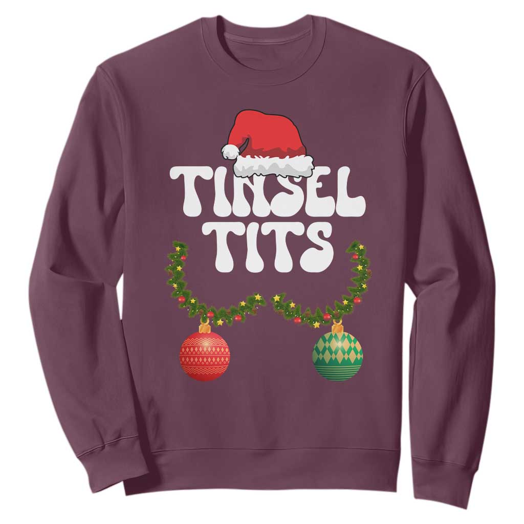 Christmas Tinsel Tits Sweatshirt Funny Xmas Couple Matching TS11 Maroon Print Your Wear
