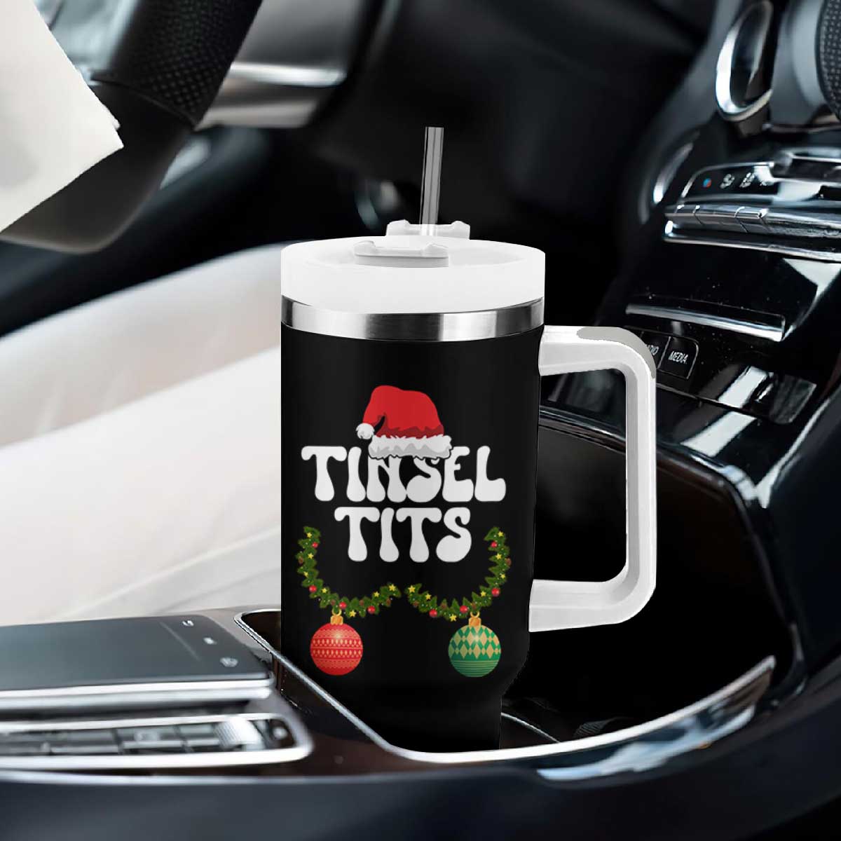 Christmas Tinsel Tits Tumbler With Handle Funny Xmas Couple Matching TS11 Print Your Wear