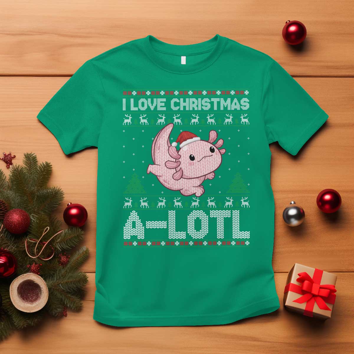 Funny Christmas Axolotl T Shirt I Love Christmas A Lotl Xmas Salamander - Print Your Wear