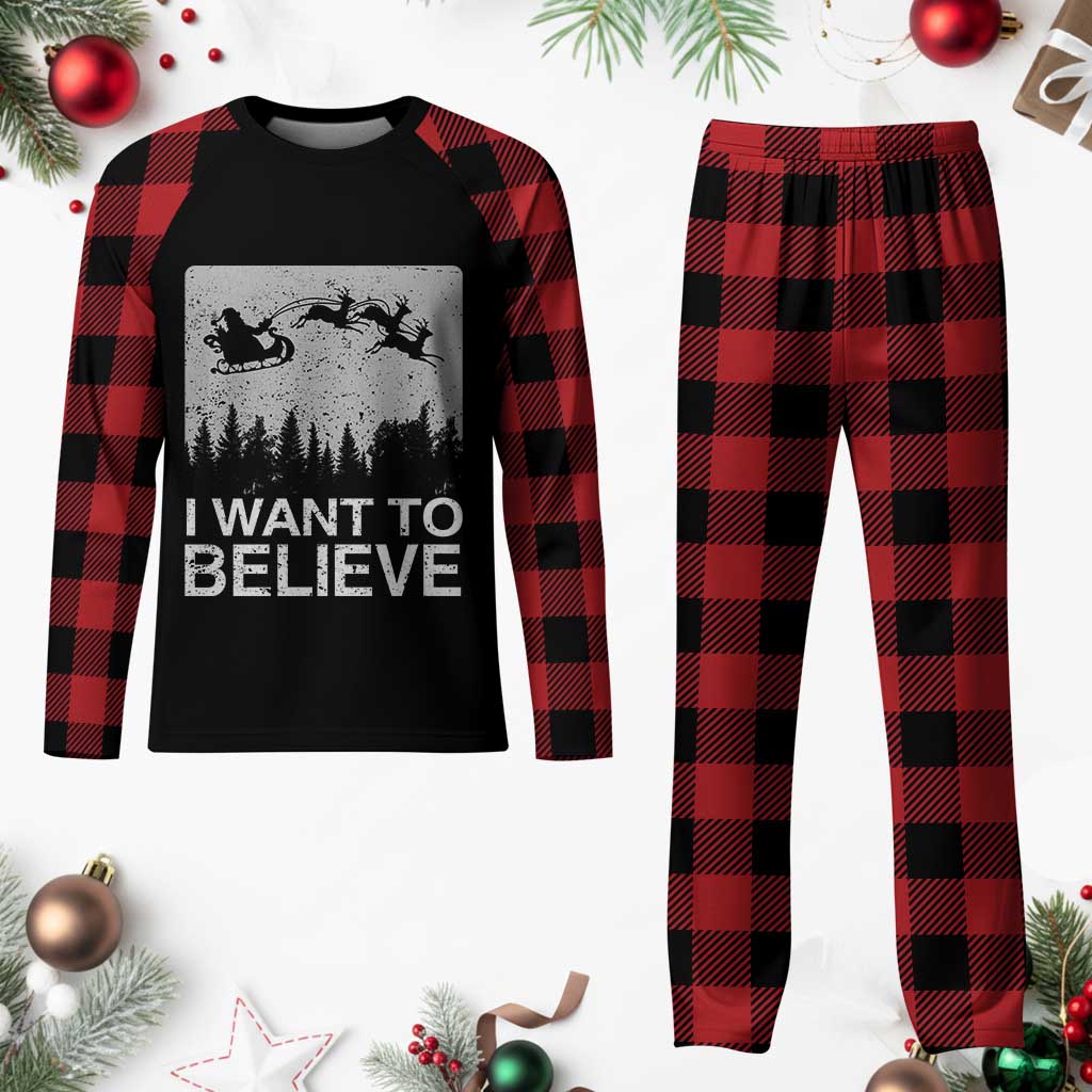 Funny Xmas Santa Plaid Pajama Set I Want To Believe Sleigh With Reindeers TS11 Buffalo Plaid Print Your Wear