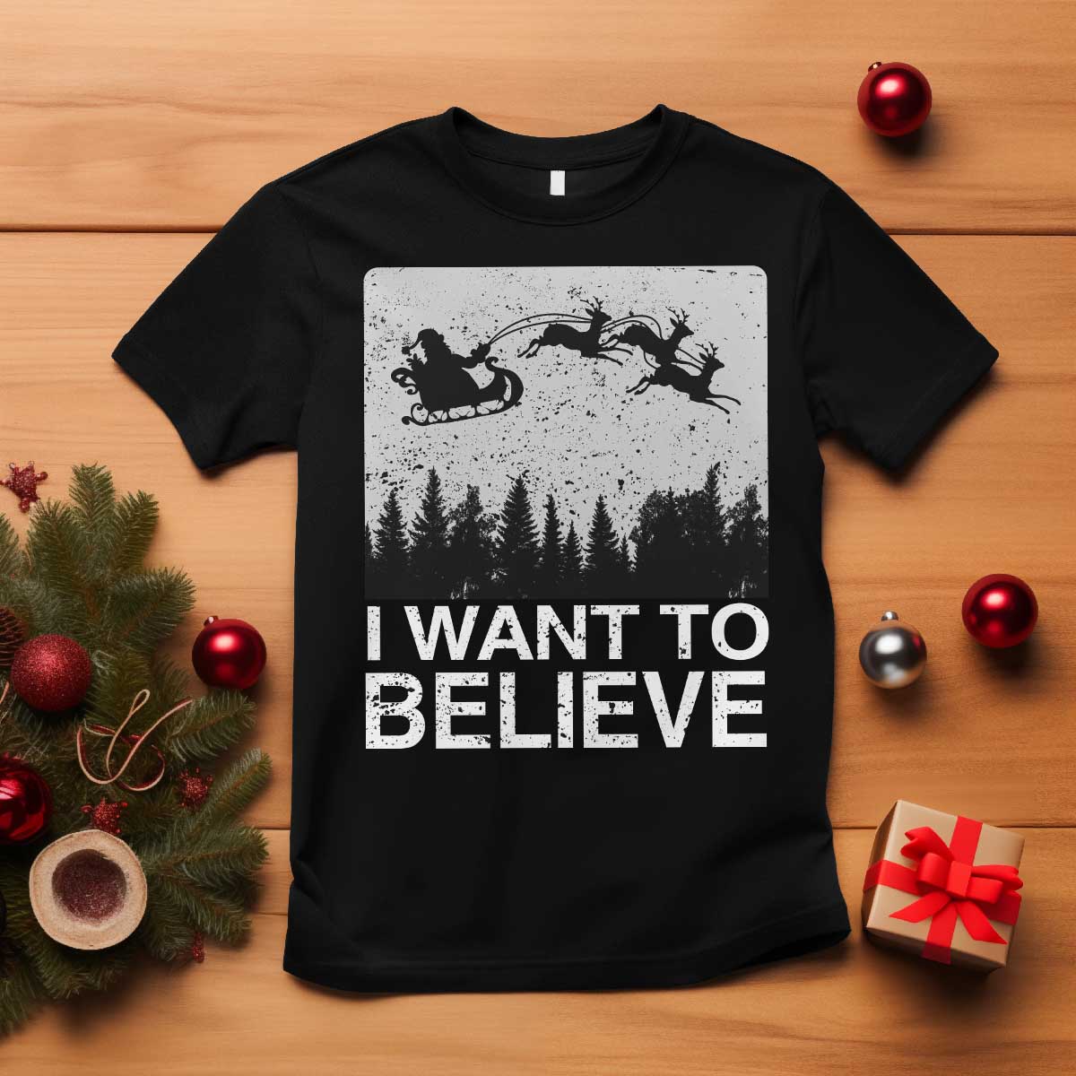 Funny Christmas Santa T Shirt I Want To Believe Sleigh With Reindeers TS11 Black Print Your Wear