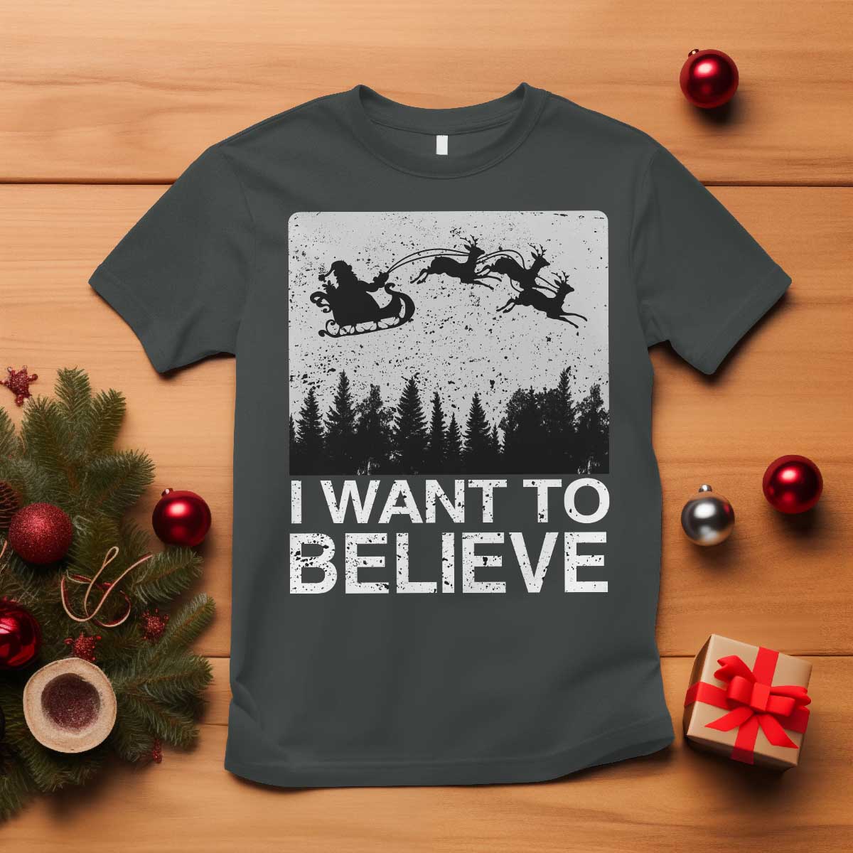 Funny Christmas Santa T Shirt I Want To Believe Sleigh With Reindeers TS11 Dark Heather Print Your Wear