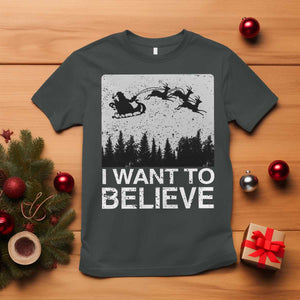 Funny Christmas Santa T Shirt I Want To Believe Sleigh With Reindeers TS11 Dark Heather Print Your Wear
