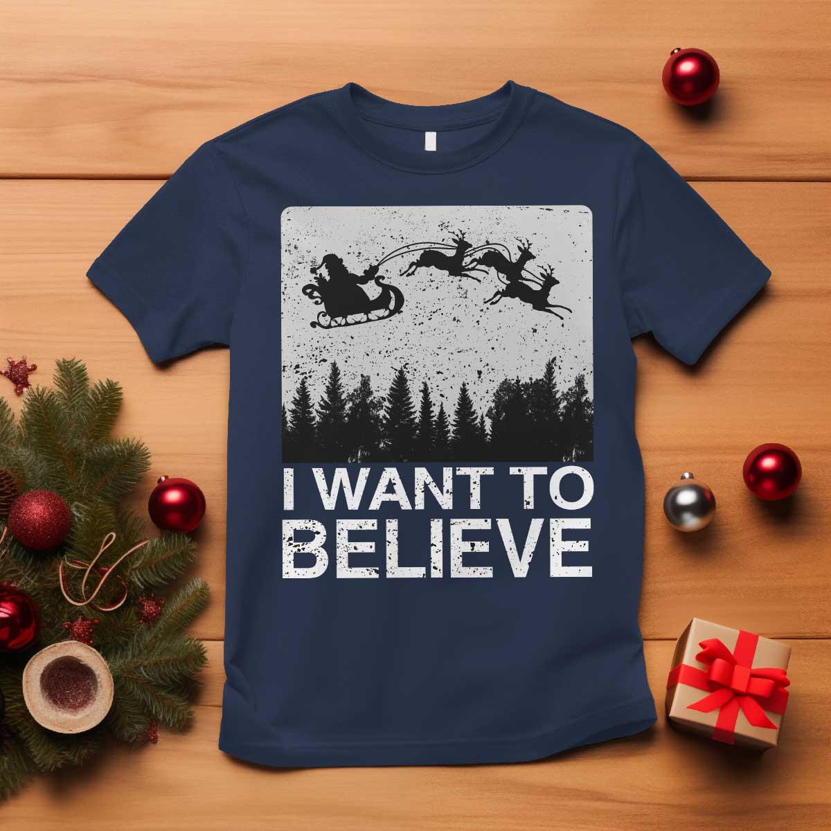 Funny Christmas Santa T Shirt I Want To Believe Sleigh With Reindeers TS11 Navy Print Your Wear