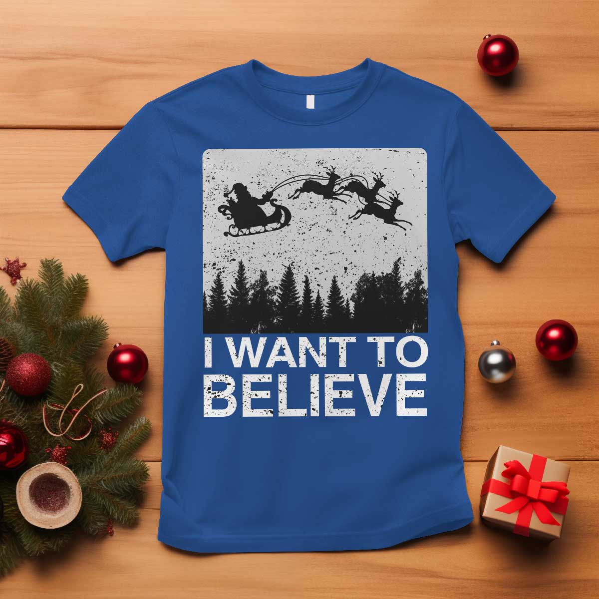 Funny Christmas Santa T Shirt I Want To Believe Sleigh With Reindeers TS11 Royal Blue Print Your Wear