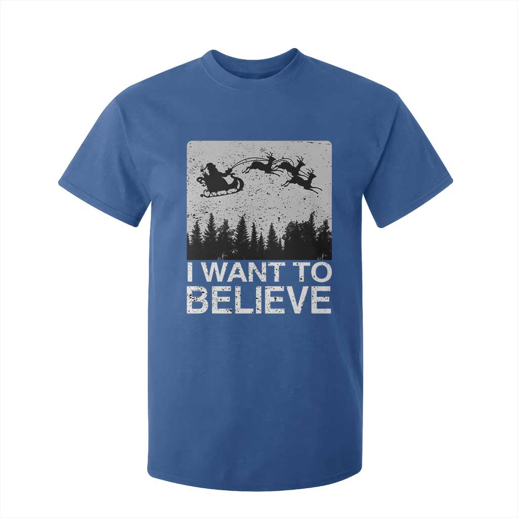 Funny Christmas Santa T Shirt For Kid I Want To Believe Sleigh With Reindeers TS11 Royal Blue Print Your Wear