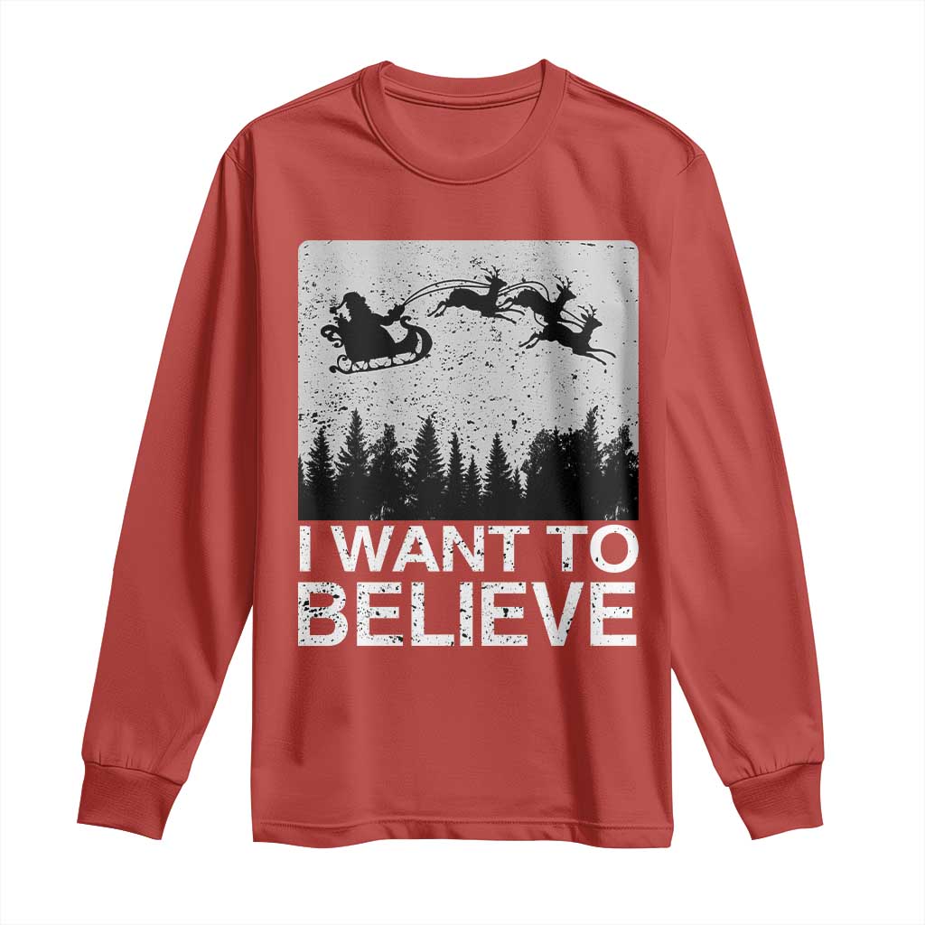 Funny Christmas Santa Long Sleeve Shirt I Want To Believe Sleigh With Reindeers TS11 Red Print Your Wear