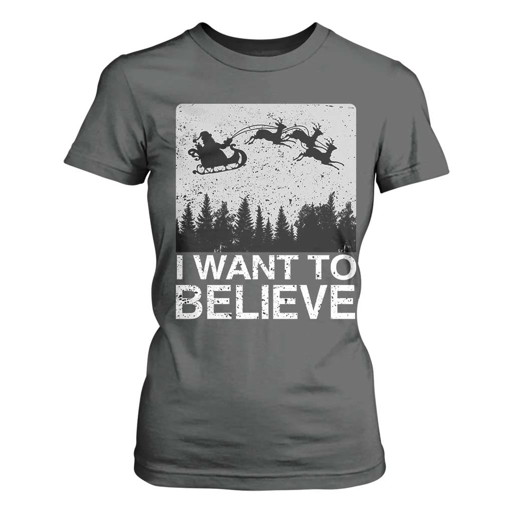 Funny Christmas Santa T Shirt For Women I Want To Believe Sleigh With Reindeers TS11 Dark Heather Print Your Wear