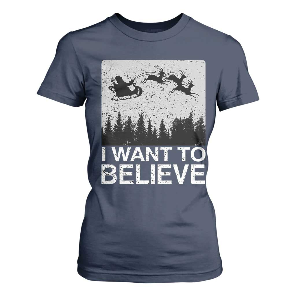 Funny Christmas Santa T Shirt For Women I Want To Believe Sleigh With Reindeers TS11 Navy Print Your Wear