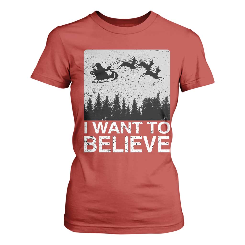 Funny Christmas Santa T Shirt For Women I Want To Believe Sleigh With Reindeers TS11 Red Print Your Wear