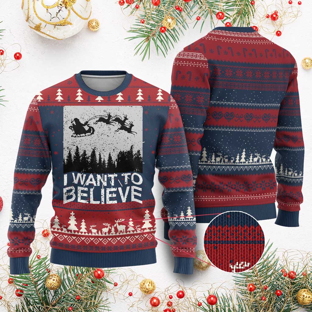 Funny Xmas Santa Ugly Christmas Sweater I Want To Believe Sleigh With Reindeers TS11 Burgundy Print Your Wear