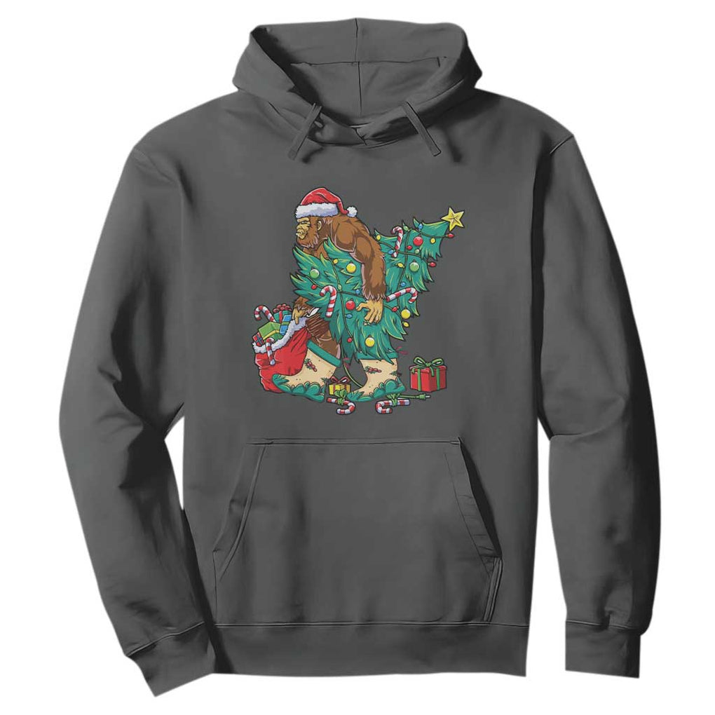Funny Santa Bigfoot Christmas Tree Hoodie TS11 Dark Heather Print Your Wear