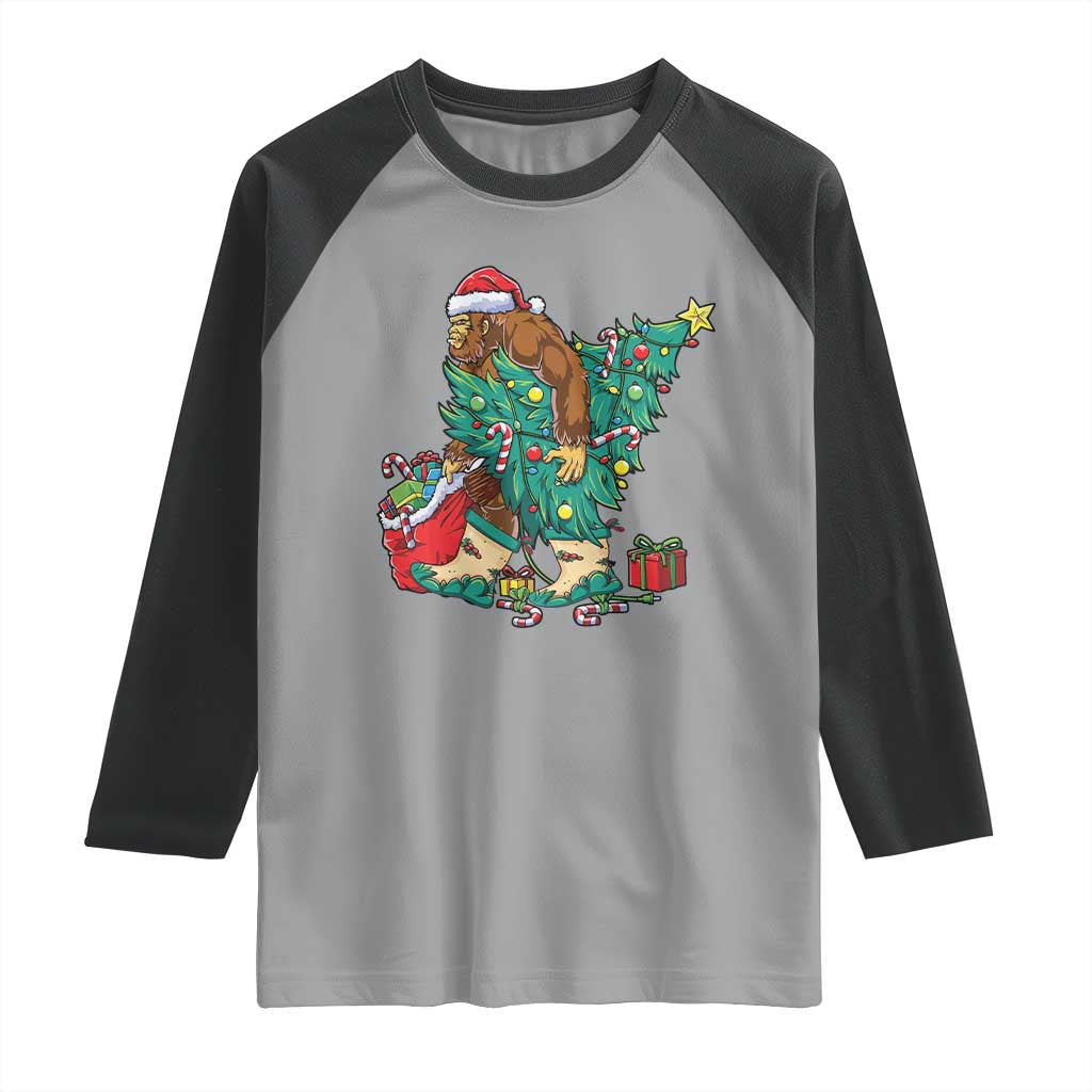 Funny Santa Bigfoot Christmas Tree Raglan Shirt TS11 Sport Gray Black Print Your Wear