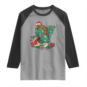 Funny Santa Bigfoot Christmas Tree Raglan Shirt TS11 Sport Gray Black Print Your Wear