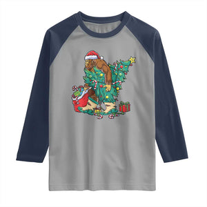 Funny Santa Bigfoot Christmas Tree Raglan Shirt TS11 Sport Gray Navy Print Your Wear