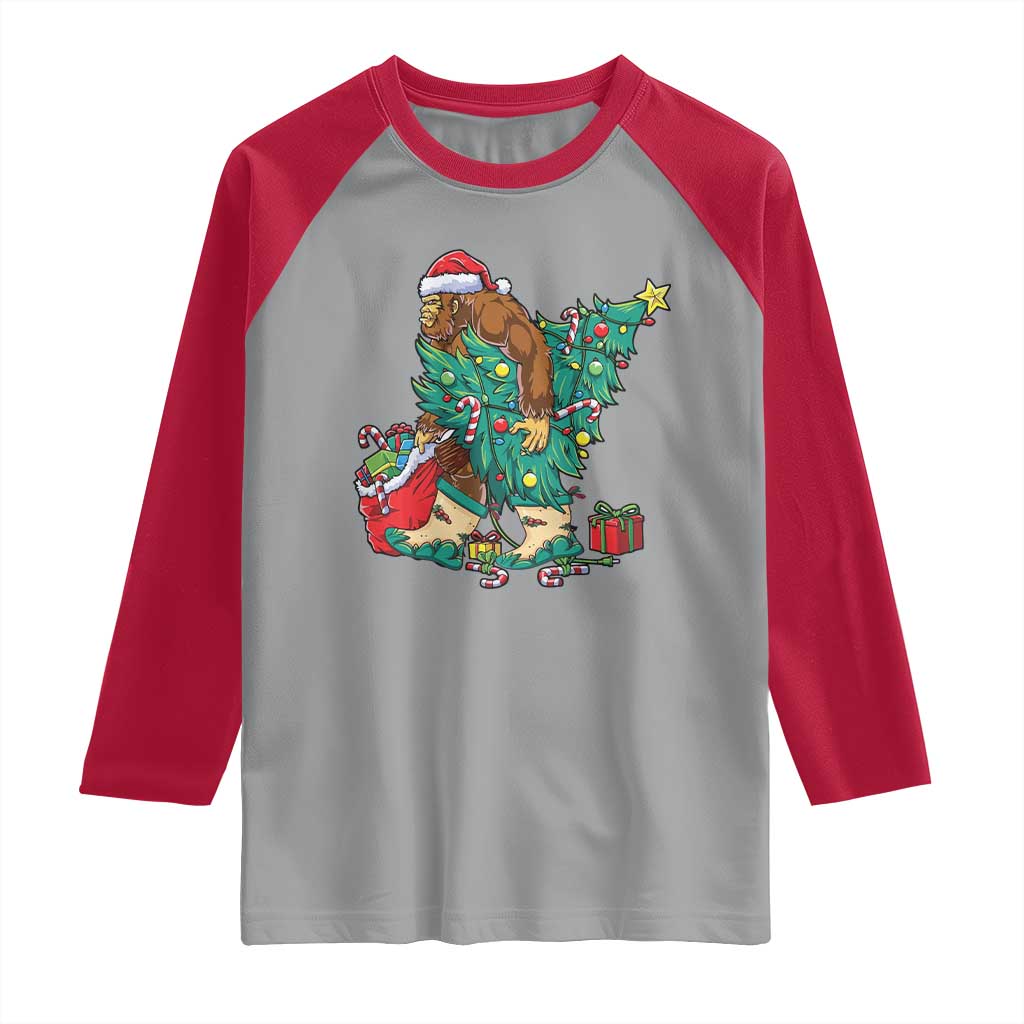 Funny Santa Bigfoot Christmas Tree Raglan Shirt TS11 Sport Gray Red Print Your Wear