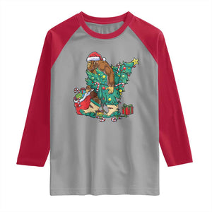 Funny Santa Bigfoot Christmas Tree Raglan Shirt TS11 Sport Gray Red Print Your Wear