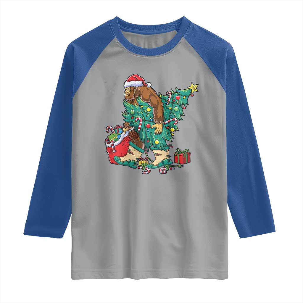 Funny Santa Bigfoot Christmas Tree Raglan Shirt TS11 Sport Gray Royal Print Your Wear