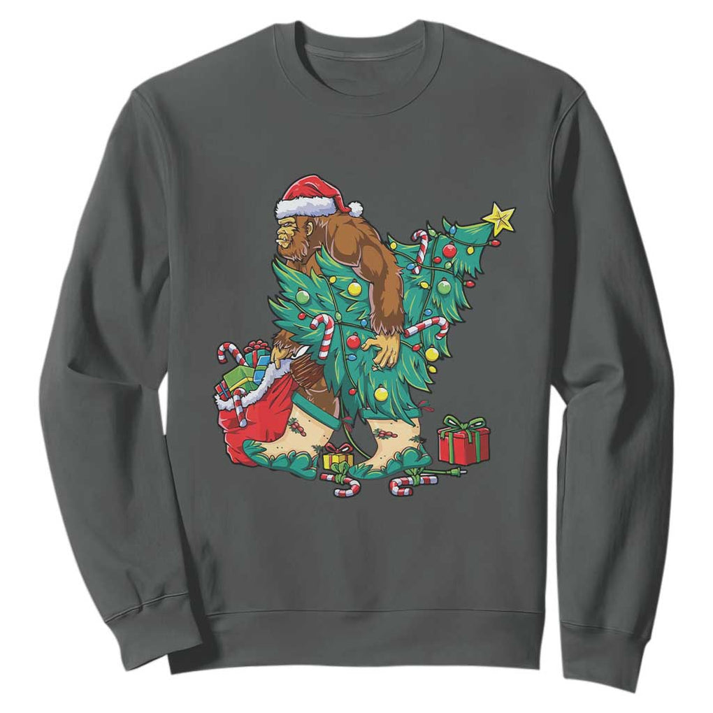 Funny Santa Bigfoot Christmas Tree Sweatshirt TS11 Dark Heather Print Your Wear