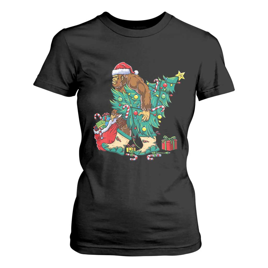 Funny Santa Bigfoot Christmas Tree T Shirt For Women TS11 Black Print Your Wear