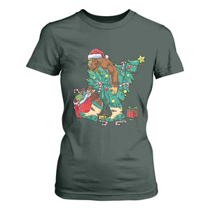 Funny Santa Bigfoot Christmas Tree T Shirt For Women TS11 Dark Forest Green Print Your Wear