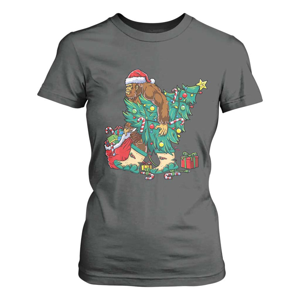 Funny Santa Bigfoot Christmas Tree T Shirt For Women TS11 Dark Heather Print Your Wear