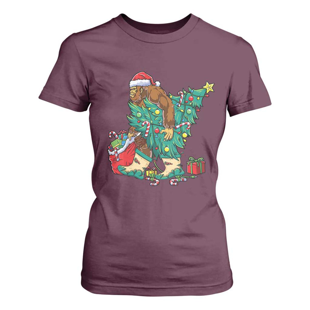 Funny Santa Bigfoot Christmas Tree T Shirt For Women TS11 Maroon Print Your Wear