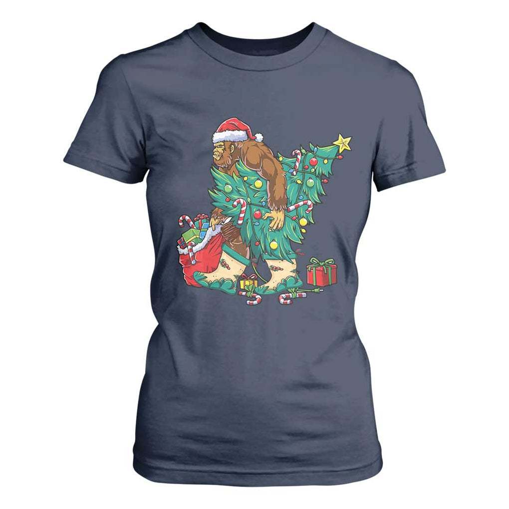Funny Santa Bigfoot Christmas Tree T Shirt For Women TS11 Navy Print Your Wear