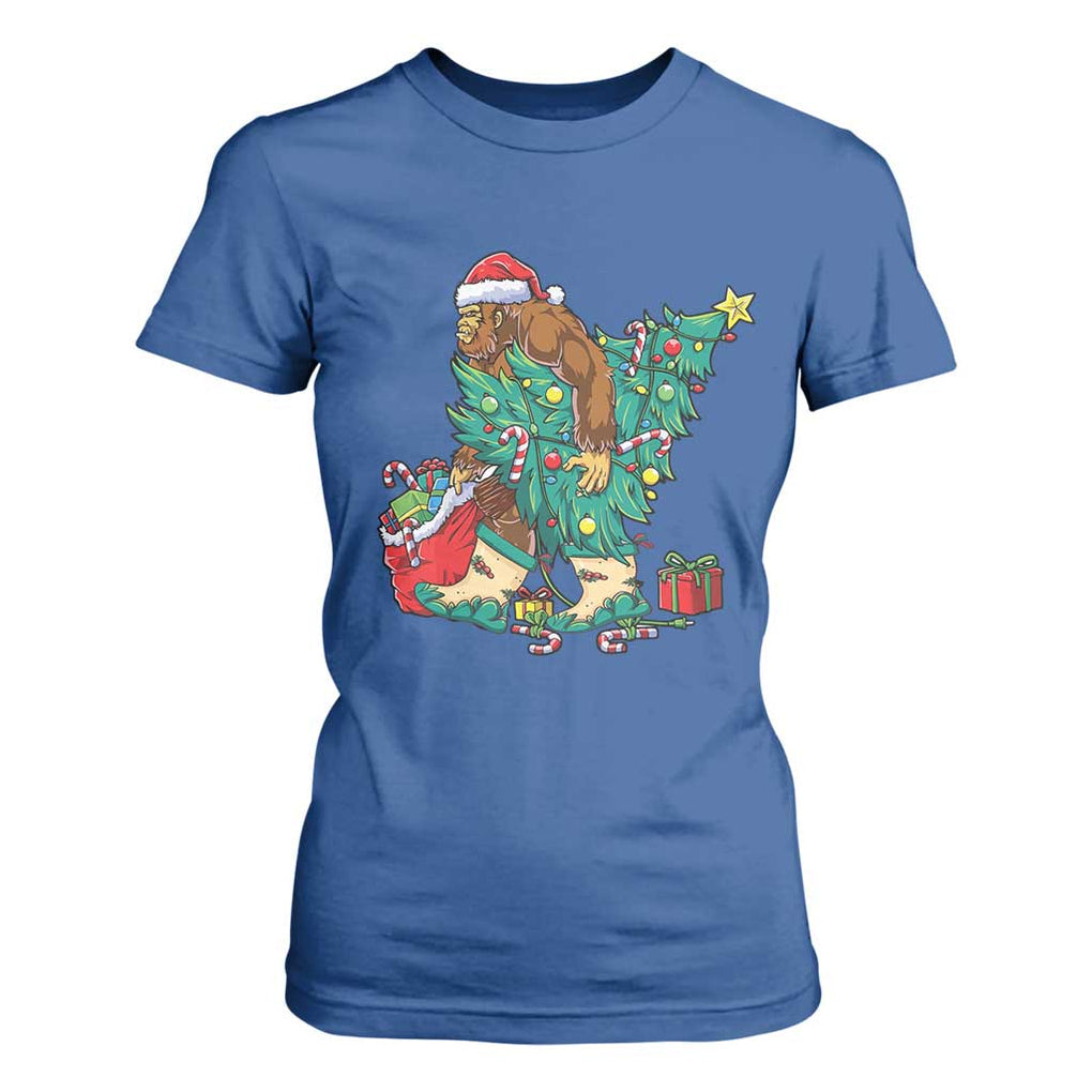 Funny Santa Bigfoot Christmas Tree T Shirt For Women TS11 Royal Blue Print Your Wear