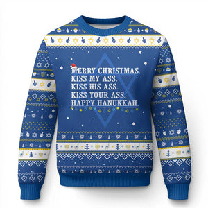 Funny Merry Christmas Kiss My His Your Ass Happy Hanukkah Ugly Sweater TS11 Blue White Print Your Wear
