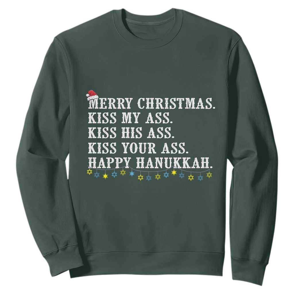 Funny Merry Christmas Kiss My His Your Ass Happy Hanukkah Sweatshirt TS11 Dark Forest Green Print Your Wear