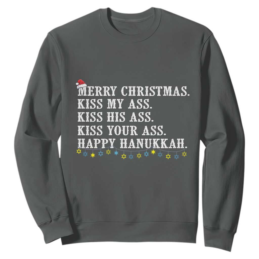 Funny Merry Christmas Kiss My His Your Ass Happy Hanukkah Sweatshirt TS11 Dark Heather Print Your Wear