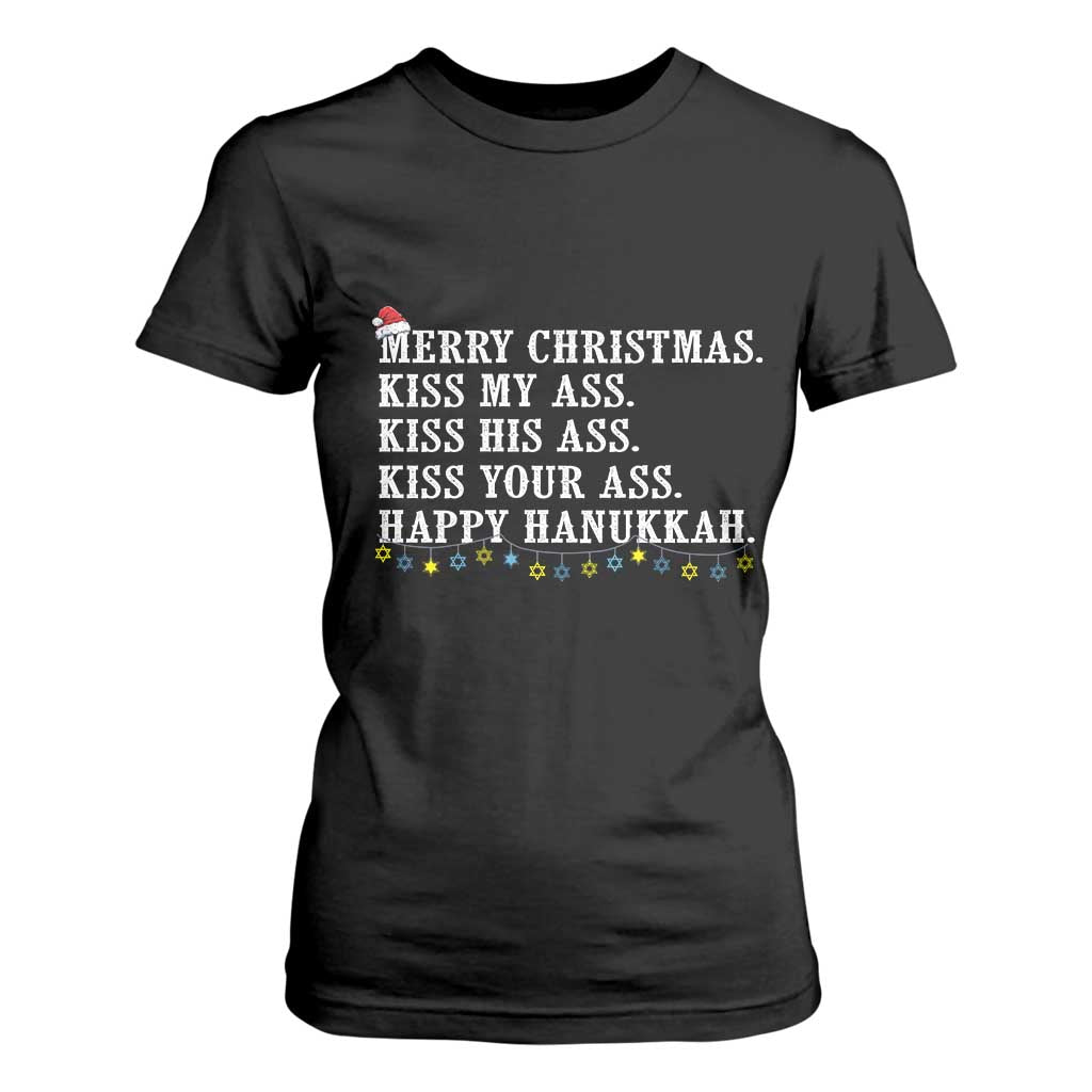 Funny Merry Christmas Kiss My His Your Ass Happy Hanukkah T Shirt For Women TS11 Black Print Your Wear