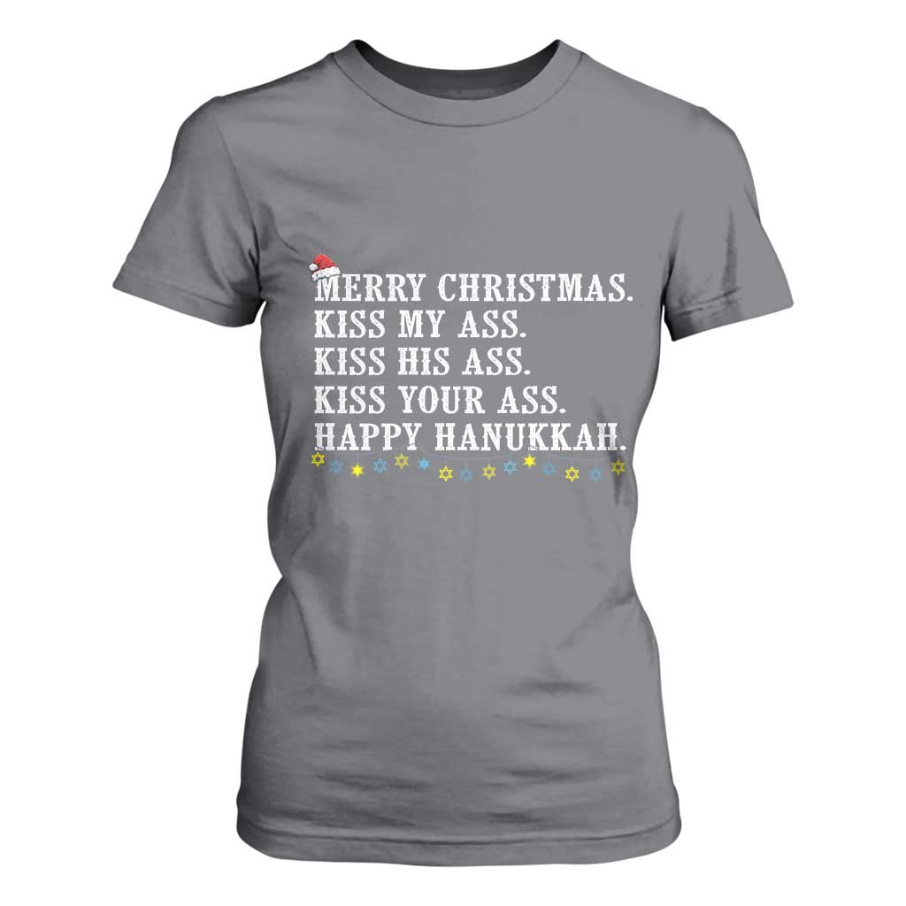 Funny Merry Christmas Kiss My His Your Ass Happy Hanukkah T Shirt For Women TS11 Charcoal Print Your Wear