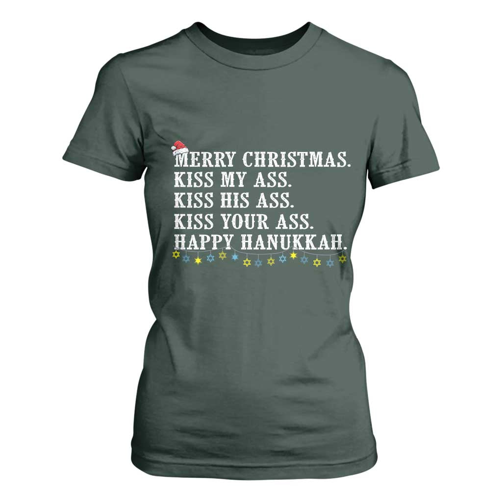 Funny Merry Christmas Kiss My His Your Ass Happy Hanukkah T Shirt For Women TS11 Dark Forest Green Print Your Wear