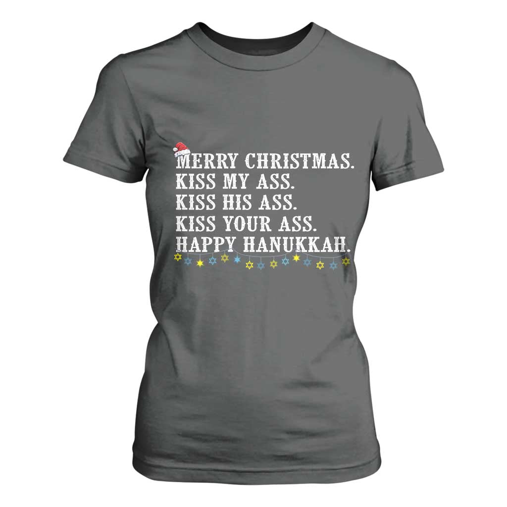 Funny Merry Christmas Kiss My His Your Ass Happy Hanukkah T Shirt For Women TS11 Dark Heather Print Your Wear