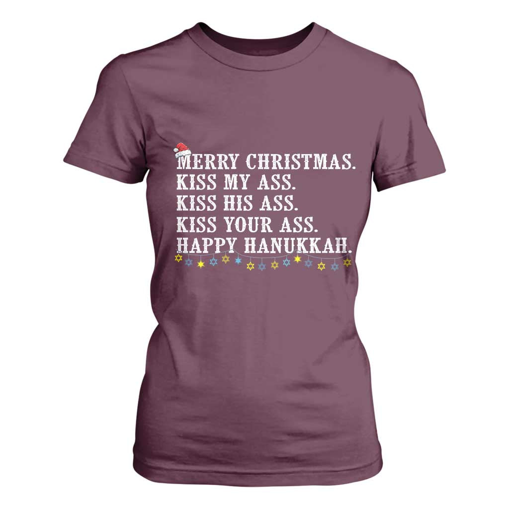 Funny Merry Christmas Kiss My His Your Ass Happy Hanukkah T Shirt For Women TS11 Maroon Print Your Wear
