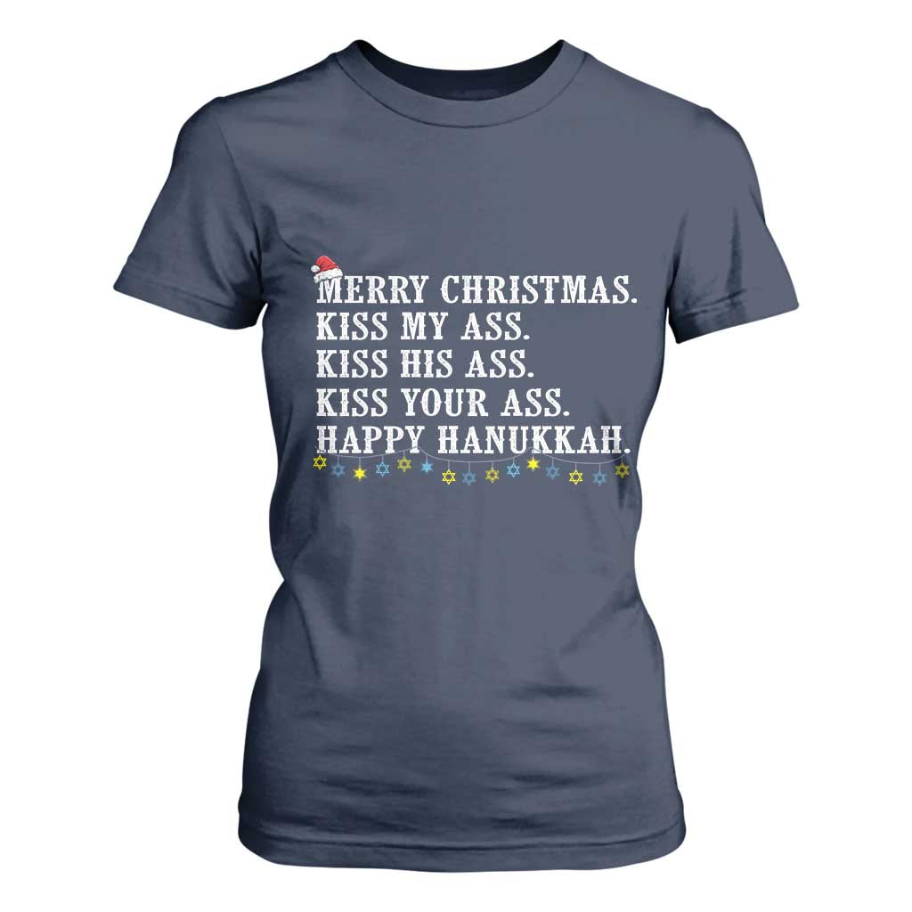 Funny Merry Christmas Kiss My His Your Ass Happy Hanukkah T Shirt For Women TS11 Navy Print Your Wear