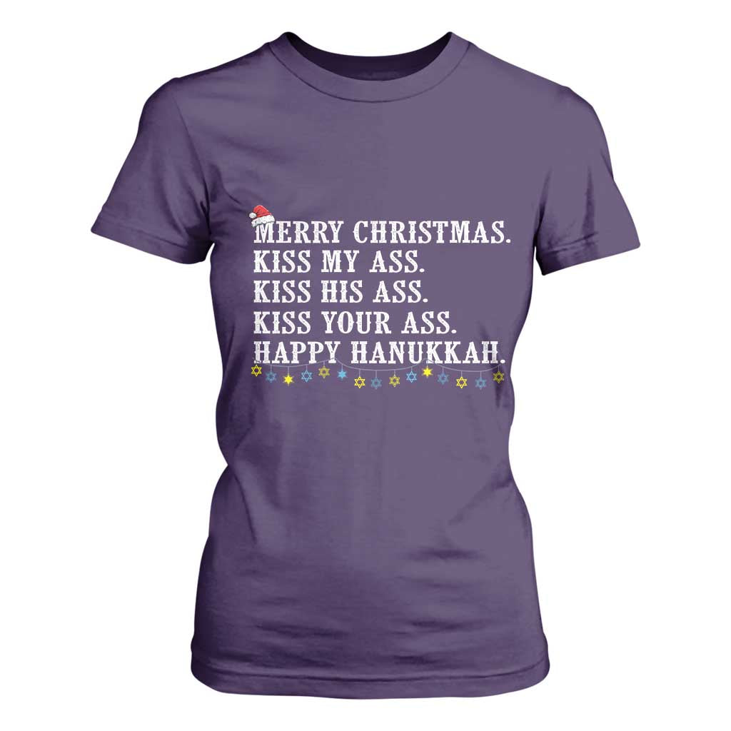 Funny Merry Christmas Kiss My His Your Ass Happy Hanukkah T Shirt For Women TS11 Purple Print Your Wear